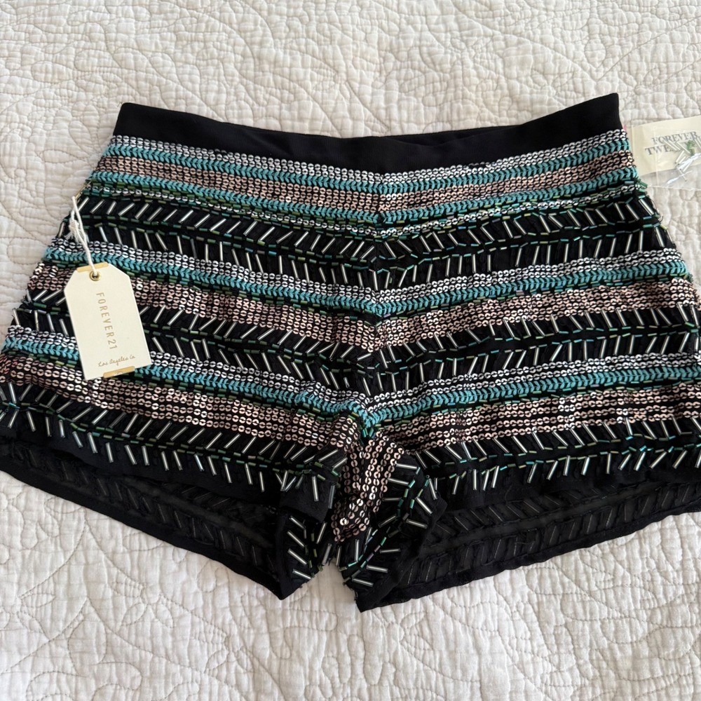 Forever 21 Beaded Sequin Shorts Black Boho Festival Embellished XS NWT